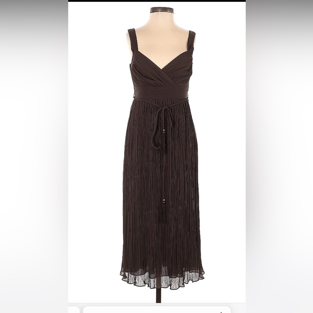WHBM Brown Sleeveless Empire Waist Ruffle Hem Pleated Midi Formal Dress